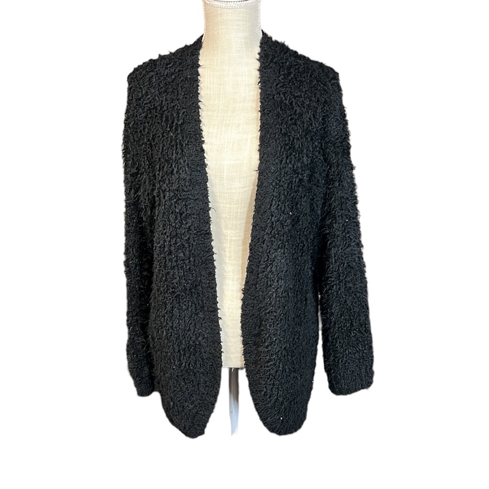 Kensie Long Sleeve Cardigan Sweater Black Fuzzy Womens Size M Stretchy